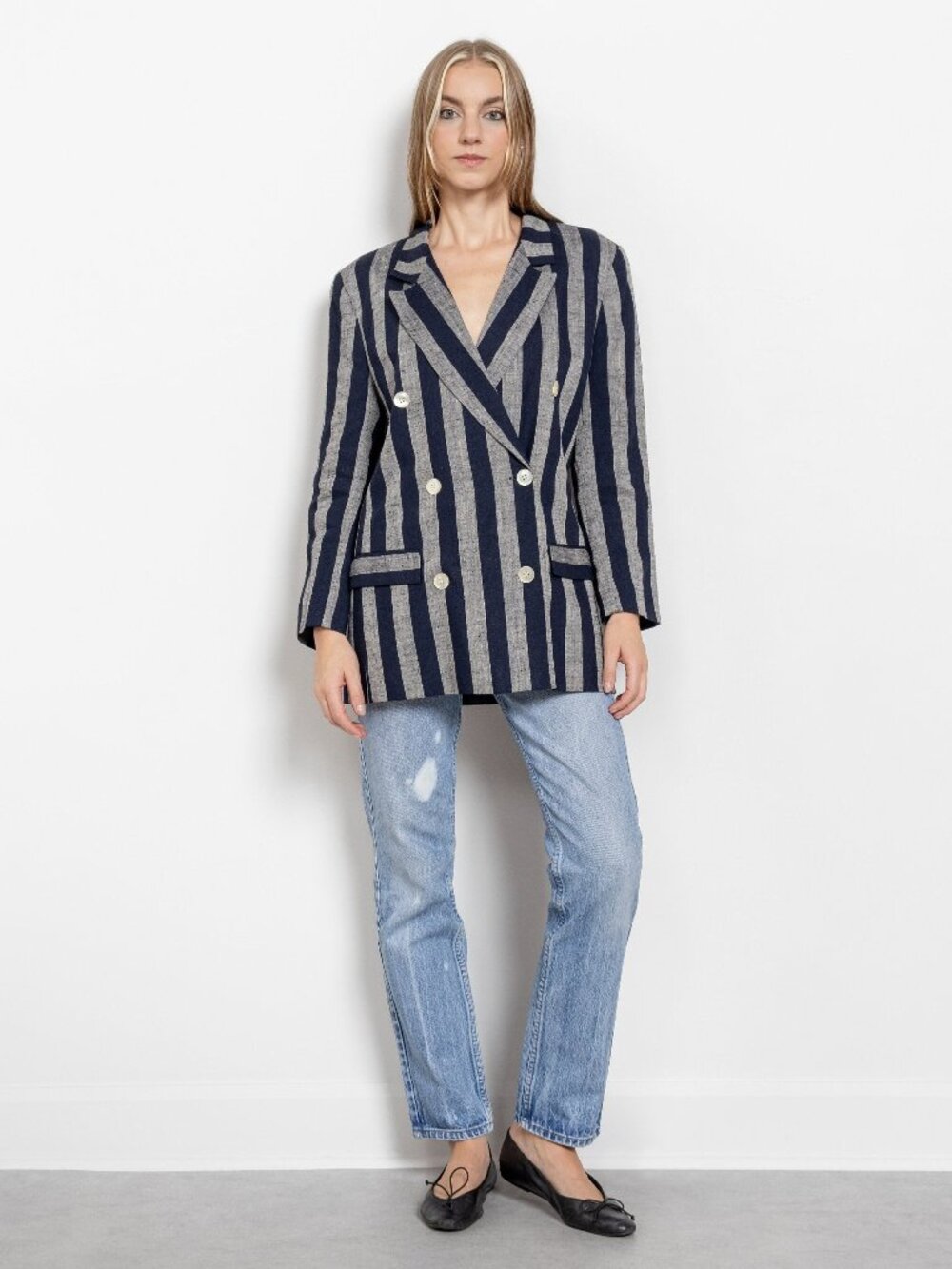 STRIPE LINEN BLAZER Double Breasted Vintage Small - Picture 2 of 10